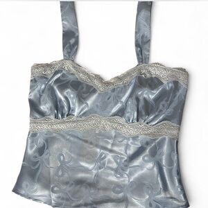 Evolutionary blue satin and lace cami top